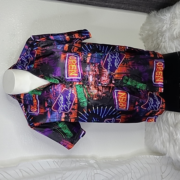 fresh prints Other - Men's Shirt Size Large Hotel California Print Red Purple Lightweight Satin DJ